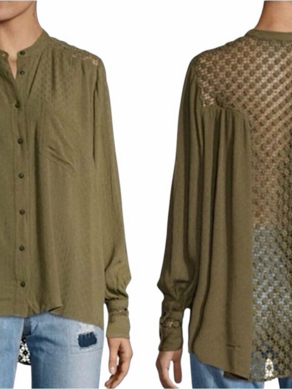 #881 FREE PEOPLE The Best Olive Green Crochet-Back Button-Front Blouse